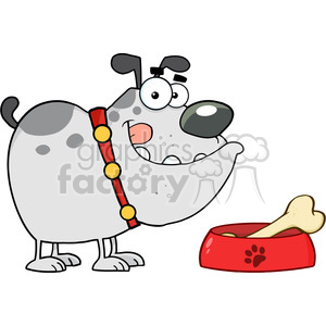 Royalty-Free-RF-Copyright-Safe-Happy-Gray-Bulldog-With-Bowl-And-Bone clipart. Commercial use image # 384531