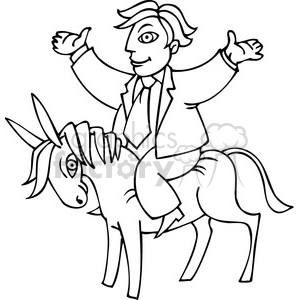 black and white image of a Democrat man riding a donkey clipart. Royalty-free image # 385623