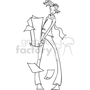 clipart - black and white image of a person holding a stack of papers.