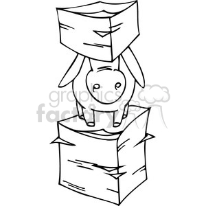 clipart - black and white image of a donkey between stacks of documents.