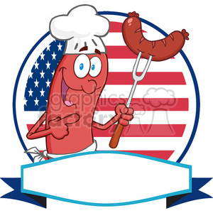 Sausage Cartoon Logo Over A Circle And Blank Banner In Front Of Flag Of USA clipart. Commercial use image # 386468