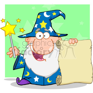 RF Funny Wizard Waving With Magic Wand And Holding Up A Scroll clipart. Commercial use image # 386925