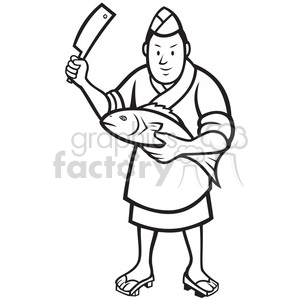 clipart - black and white japanese sushi chef fish knife.