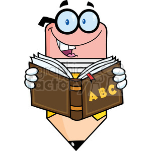clipart - 5916 Royalty Free Clip Art Smiling Pencil Teacher Character Reading A Shool Book.