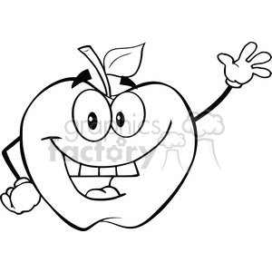 clipart - 6501 Royalty Free Clip Art Black and White Apple Cartoon Mascot Character Waving For Greeting.