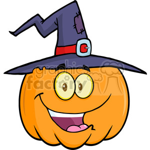 6644 Royalty Free Clip Art Happy Halloween Pumpkin With A Witch Hat Cartoon Mascot Illustration clipart. Commercial use image # 389768