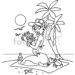 clipart - female on the beach with a crab in black and white.