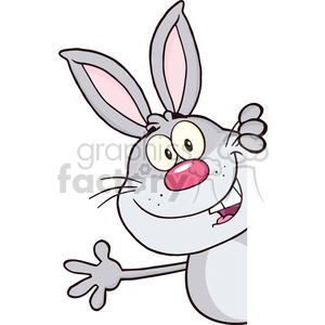 Cute Gray Rabbit Cartoon Character Looking Around A Blank Sign And Waving clipart. Commercial use image # 390147