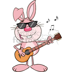 Royalty Free RF Clipart Illustration Funny Pink Rabbit With Sunglasses Playing A Guitar And Singing clipart.
