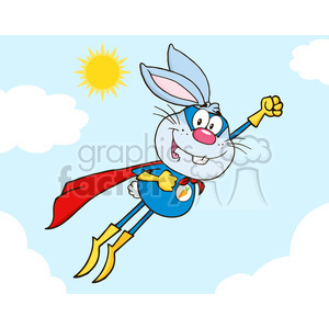 Royalty Free RF Clipart Illustration Blue Rabbit Superhero Cartoon Character Flying In The Sky clipart.