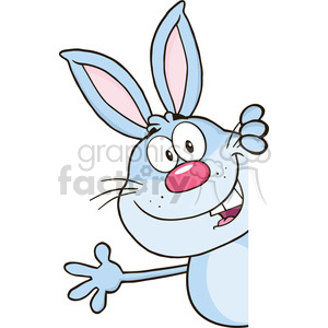 Cute Blue Rabbit Cartoon Character Looking Around A Blank Sign And Waving clipart. Royalty-free image # 390237