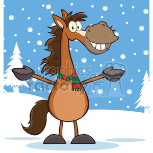 6873_Royalty_Free_Clip_Art_Smiling_Horse_Cartoon_Mascot_Character_Over_Winter_Landscape clipart. Commercial use image # 393124