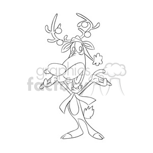 cartoon reindeer with red nose and scarf. black white clipart.