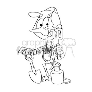 black and white cartoon of landscaper  clipart.
