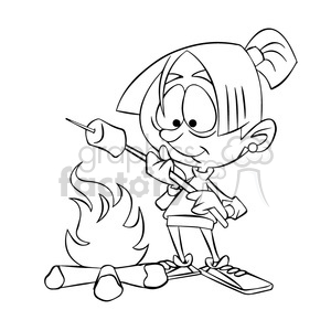 girl roasting marshmallow over camp fire black and white clipart.