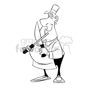 cartoon chef sharpening his knife black and white clipart.