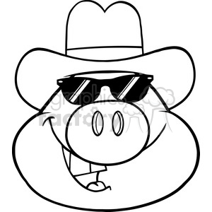 Royalty Free RF Clipart Illustration Black And White Pig Head Cartoon Character With Sunglasses And Cowboy Hat clipart.