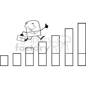 clipart - Royalty Free RF Clipart Illustration Black And White Businessman Giving A Thumb Up And Running Over Growing Bar Chart Cartoon Character.