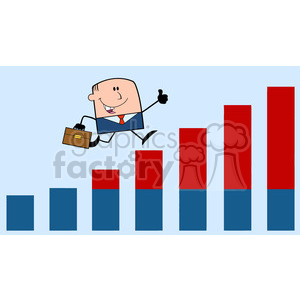 clipart - Royalty Free RF Clipart Illustration Businessman Giving A Thumb Up And Running Over Growing Bar Chart Cartoon Character On Background.