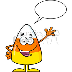 8874 Royalty Free RF Clipart Illustration Candy Corn Cartoon Character Waving With Speech Bubble Vector Illustration Isolated On White clipart.