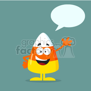 8870 Royalty Free RF Clipart Illustration Funny Candy Corn Flat Design Waving With Speech Bubble Vector Illustration With Bacground clipart.