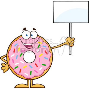clipart - 8678 Royalty Free RF Clipart Illustration Happy Donut Cartoon Character With Sprinkles Holding Up A Blank Sign Vector Illustration Isolated On White.