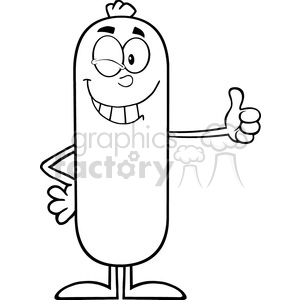 clipart - 8489 Royalty Free RF Clipart Illustration Black And White Winking Sausage Cartoon Character Showing Thumbs Up Vector Illustration Isolated On White.