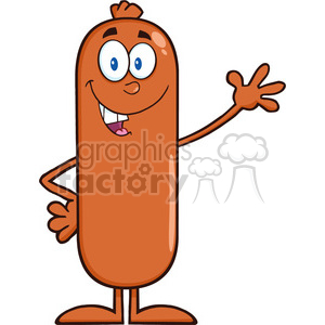 8427 Royalty Free RF Clipart Illustration Sausage Cartoon Character Waving Vector Illustration Isolated On White clipart.