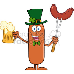 8438 Royalty Free RF Clipart Illustration Leprechaun Sausage Cartoon Character Holding A Beer And Weenie On A Fork Vector Illustration Isolated On White clipart.