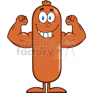 8484 Royalty Free RF Clipart Illustration Smiling Sausage Cartoon Character Flexing Vector Illustration Isolated On White clipart.