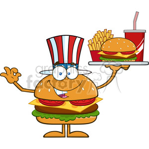 8582 Royalty Free RF Clipart Illustration American Hamburger Cartoon Character Holding A Platter With Burger, French Fries And A Soda Vector Illustration Isolated On White clipart.