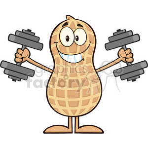 8629 Royalty Free RF Clipart Illustration Smiling Peanut Cartoon Character Training With Dumbbells Vector Illustration Isolated On White clipart.