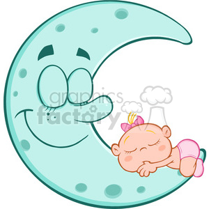 Royalty Free RF Clipart Illustration Cute Baby Girl Sleeps On Blue Moon Cartoon Characters clipart.