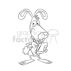 clipart - cartoon bunny writing on a tablet black white.