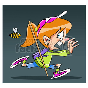 girl hiker trina cartoon character mascot running bee scared