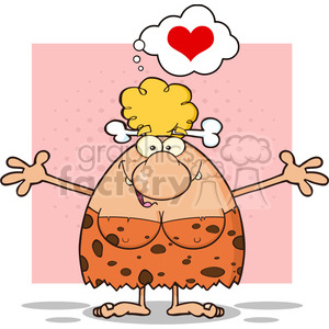 smiling cave woman cartoon mascot character with open arms and a heart vector illustration clipart.