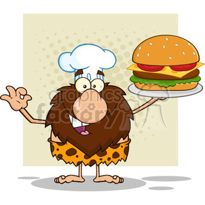 9910 chef male caveman cartoon mascot character holding a big burger and gesturing ok vector illustration clipart.