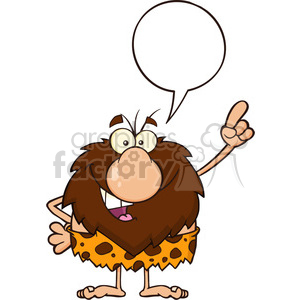 smiling male caveman cartoon mascot character pointing with speech bubble vector illustration clipart. Royalty-free image # 399065