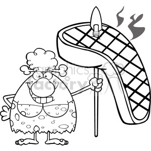 black and white smiling cave woman cartoon mascot character holding a spear with big grilled steak vector illustration