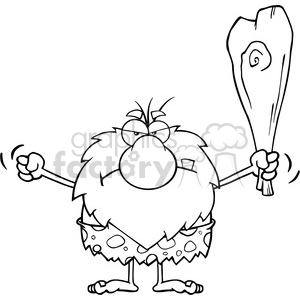 black and white grumpy male caveman cartoon mascot character holding up a fist and a club vector illustration clipart.