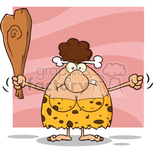 grumpy brunette cave woman cartoon mascot character holding up a fist and a club vector illustration isolated on pink background clipart. Royalty-free image # 399175