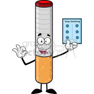 talking electronic cigarette cartoon mascot character holding up a blister pills for stop smoking vector illustration isolated on white background clipart.