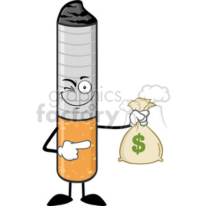 royalty free rf clipart illustration cigarette cartoon mascot character winking, holding and pointing to a money bag vector illustration isolated on white background .
