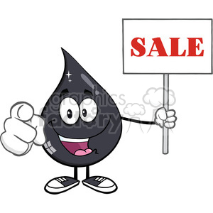 clipart - royalty free rf clipart illustration petroleum or oil drop cartoon character pointing at you and holding holding up a sale sign vector illustration isolated on white background.
