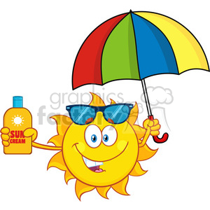 cute sun cartoon mascot character holding a umbrella and bottle of sun block cream vith text vector illustration isolated on white background clipart.