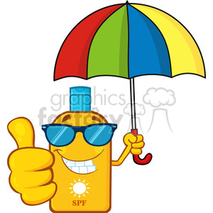 smiling bottle sunscreen cartoon mascot character with sunglasses and umbrela giving a thumbs up vector illustration isolated on white background clipart. Commercial use image # 400039