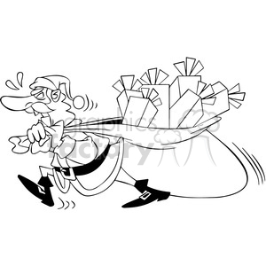 black and white santa pulling a huge bag of gifts cartoon clipart. Royalty-free image # 400348