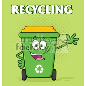 Happy Green Recycle Bin Cartoon Mascot Character Waving For Greeting Vector With Green Halftone Background And Text Recycling clipart. Commercial use image # 402913