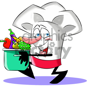 clipart - cartoon chef with pot full of vegetables.