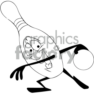 clipart - black and white cartoon bowling pin mascot character.